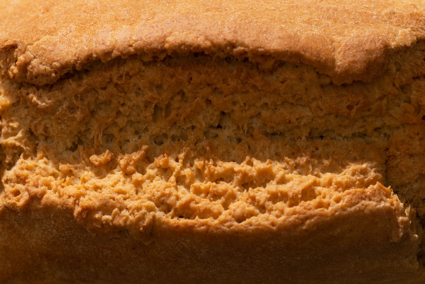 Close-up of the open crumb and crust of a True Food loaf